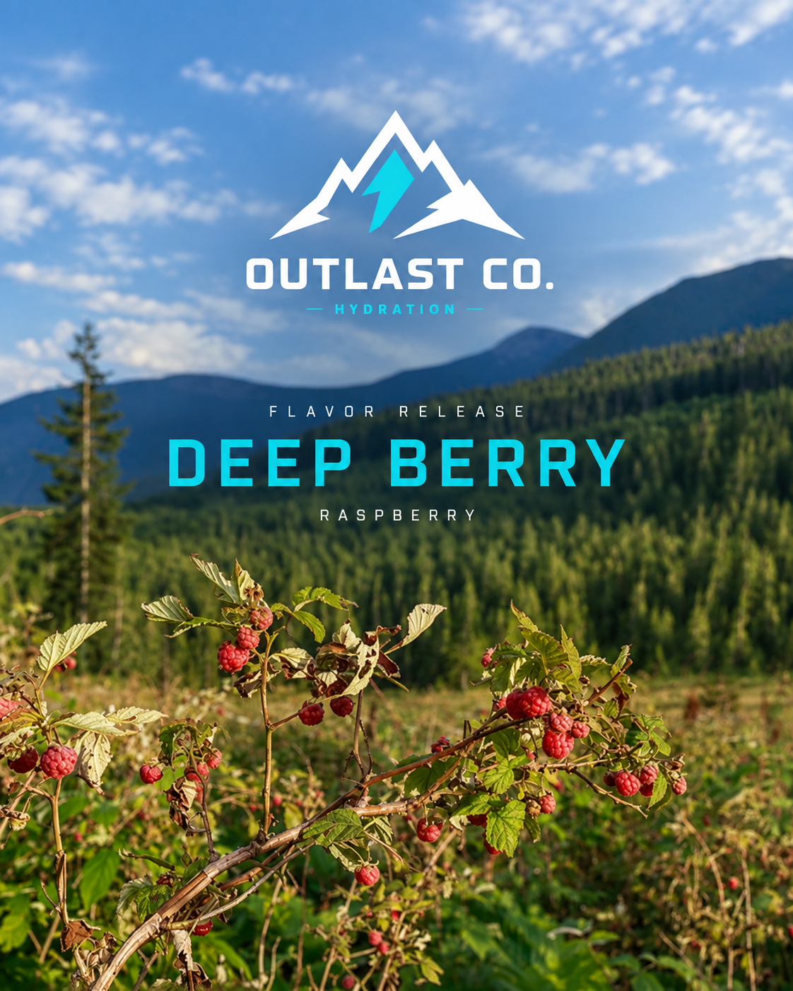 Outlast Deep Berry release artwork, with the mountain and lightning logo above a mountain valley and raspberries